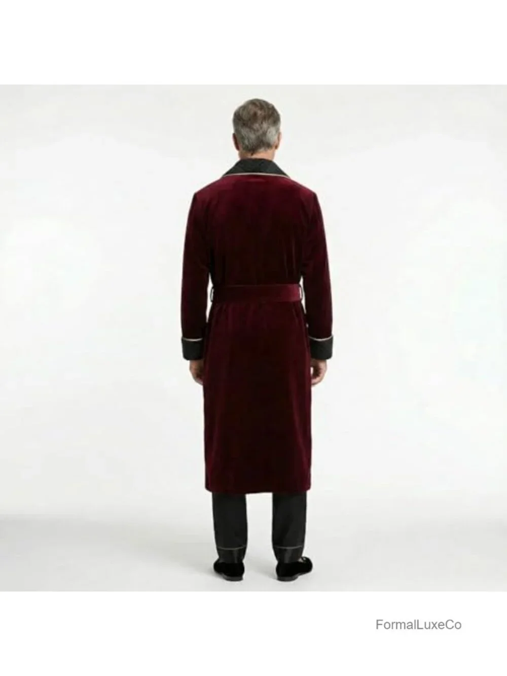 Men's Velvet Smoking Jacket Shawl Collar Belted Longline Robe Wedding Groom